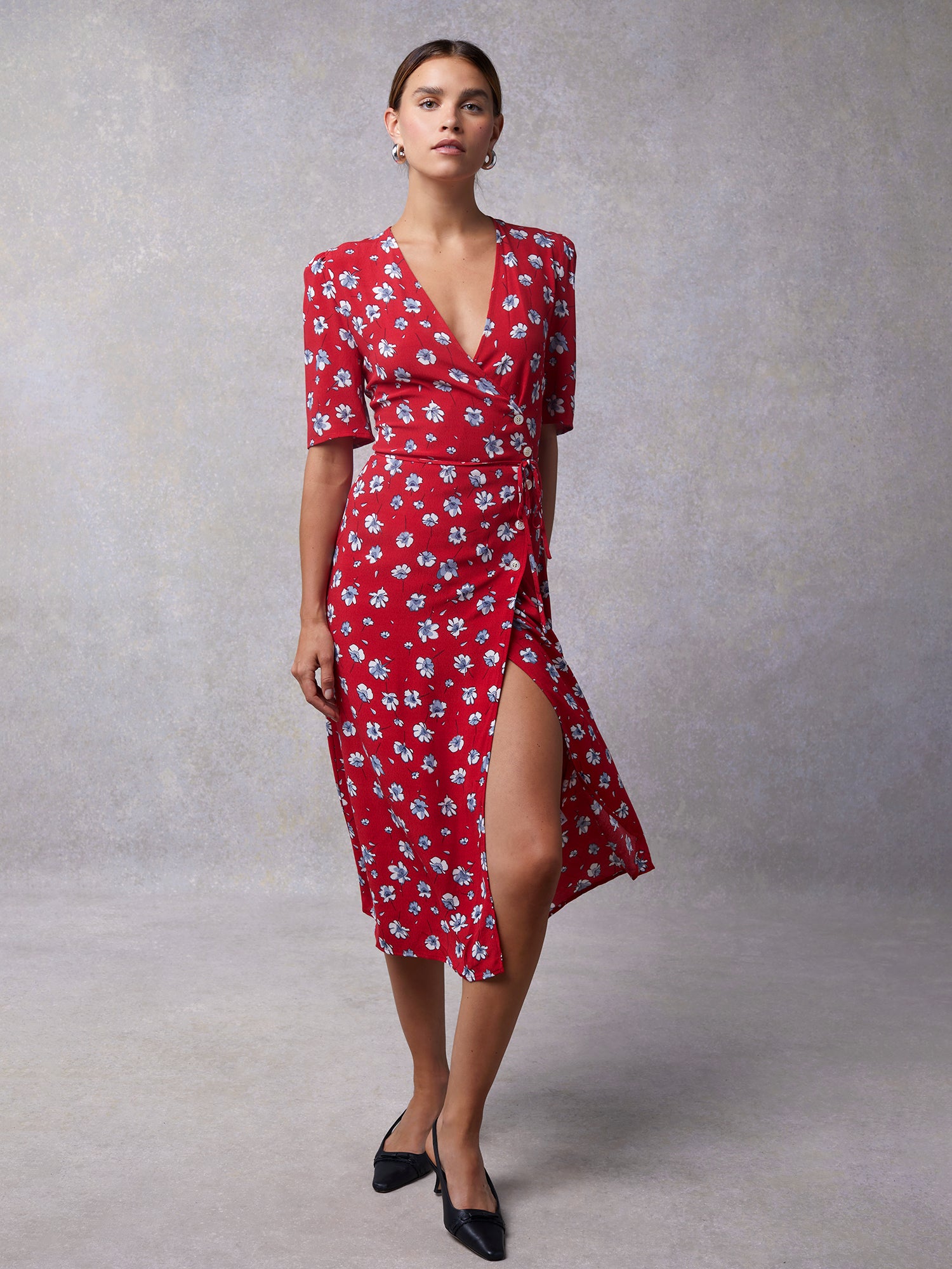 Mid-length wrap dress with red floral print | Rouje • Rouje Paris