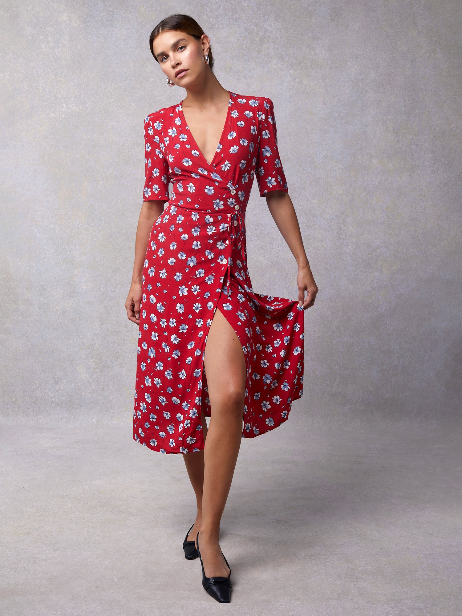Mid-length wrap dress with red floral print | Rouje • Rouje Paris