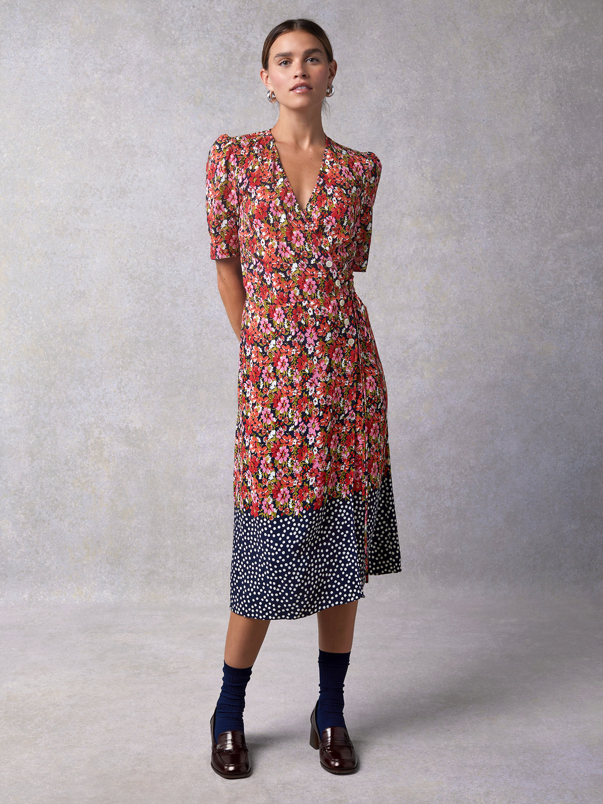 Mid-length wrap dress with navy floral print | Rouje • Rouje Paris