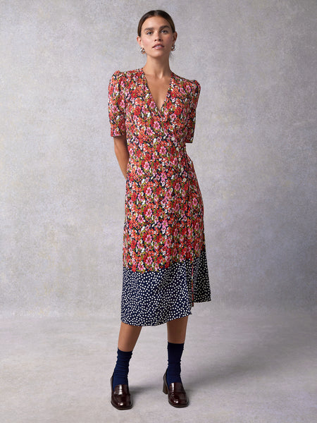 Mid-length wrap dress with navy floral print | Rouje • Rouje Paris