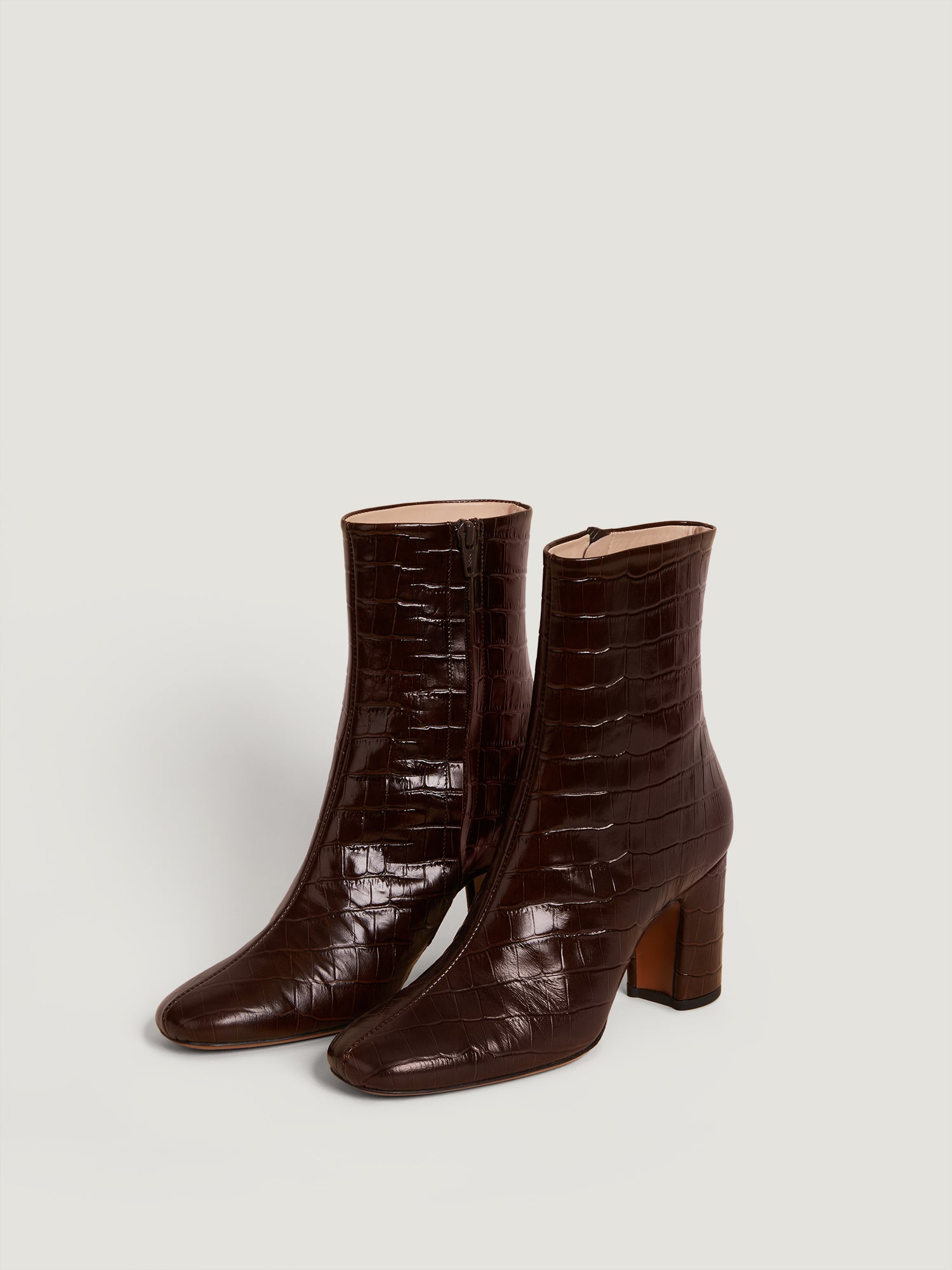 Ankle boots in croco-like chocolate leather | Rouje • Rouje Paris