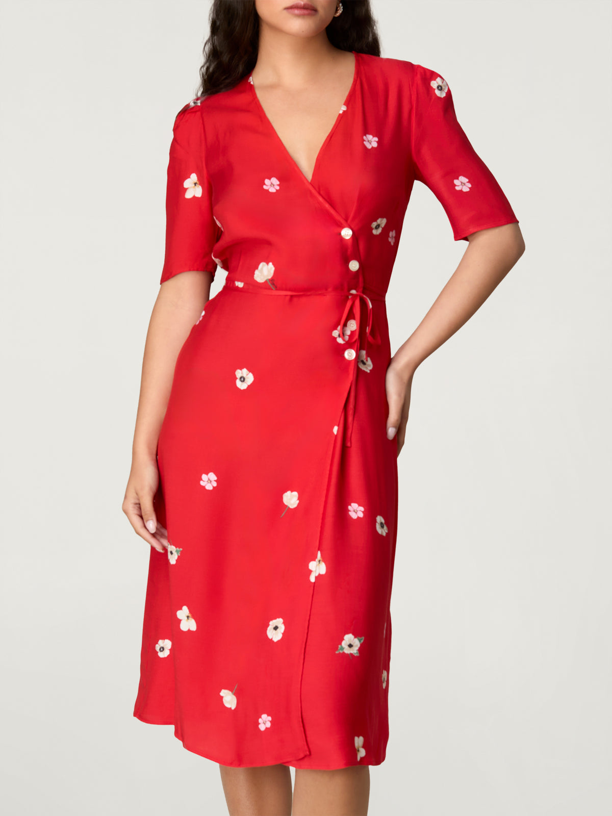 Floral red wrap dress on sale