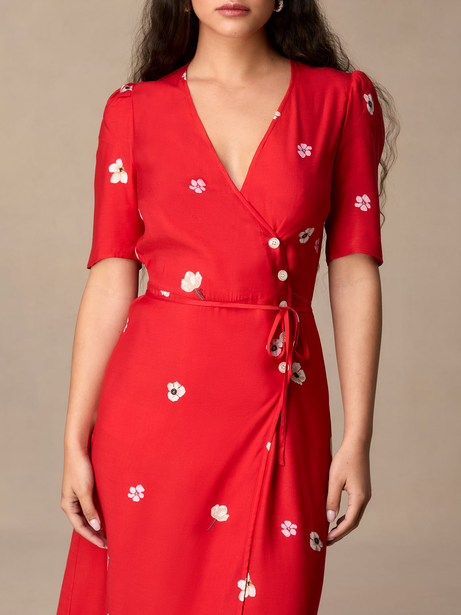 Red floral midi wrap dress | Rouje • Rouje Paris