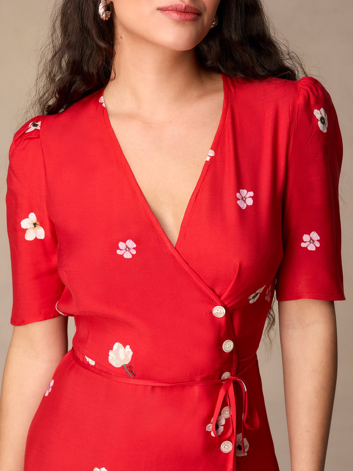 Red floral midi wrap dress | Rouje • Rouje Paris