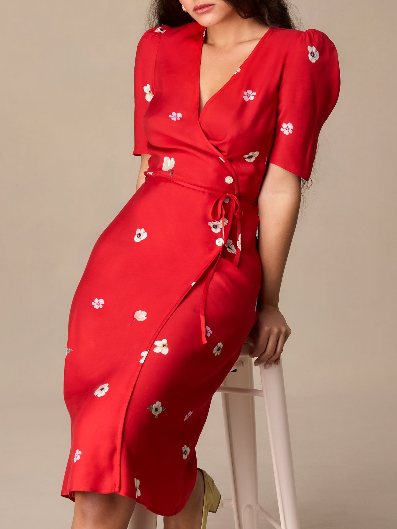 Red floral midi wrap dress | Rouje • Rouje Paris