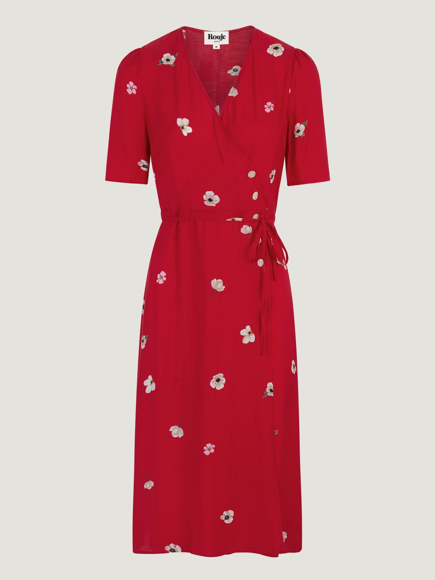 Red floral midi wrap dress | Rouje • Rouje Paris