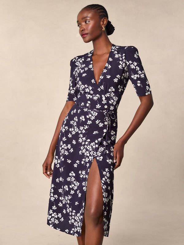 Mid-length wrap dress with navy cherry print | Rouje • Rouje Paris