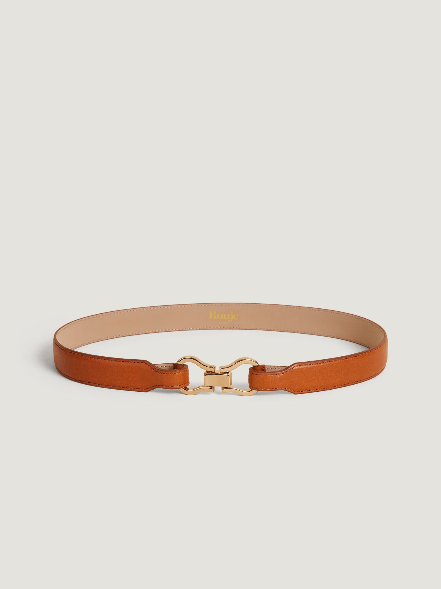 Caramel double-buckle leather belt | Rouje • Rouje Paris