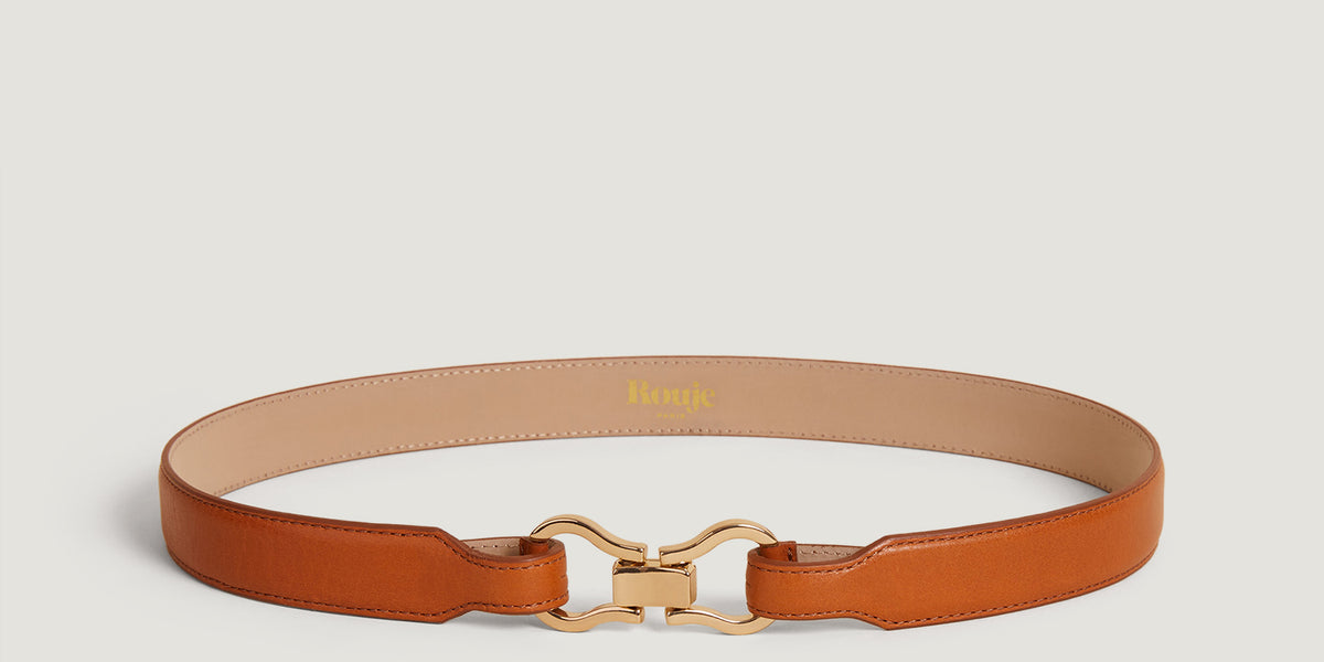 Caramel double-buckle leather belt | Rouje • Rouje Paris