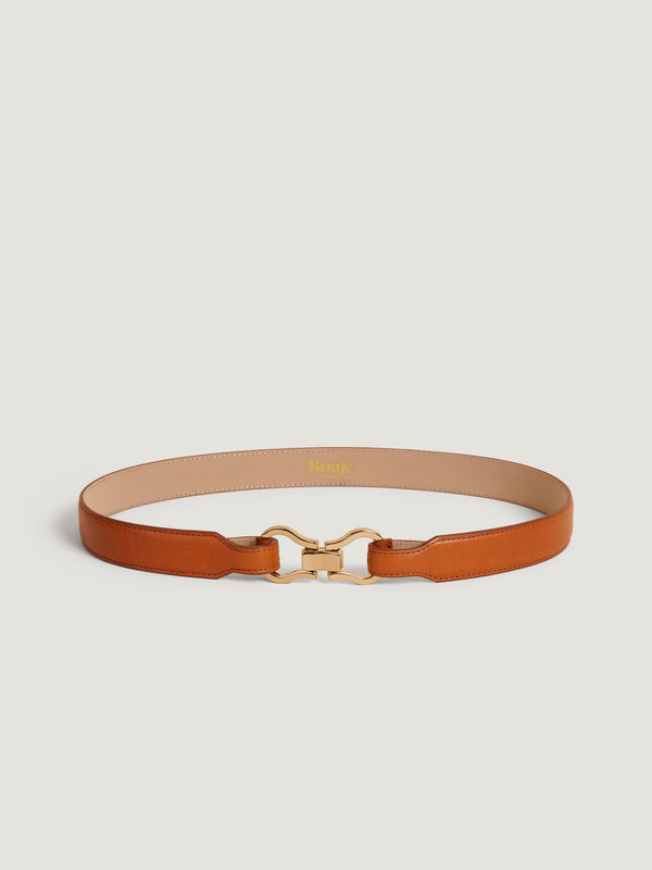 Caramel double-buckle leather belt | Rouje • Rouje Paris