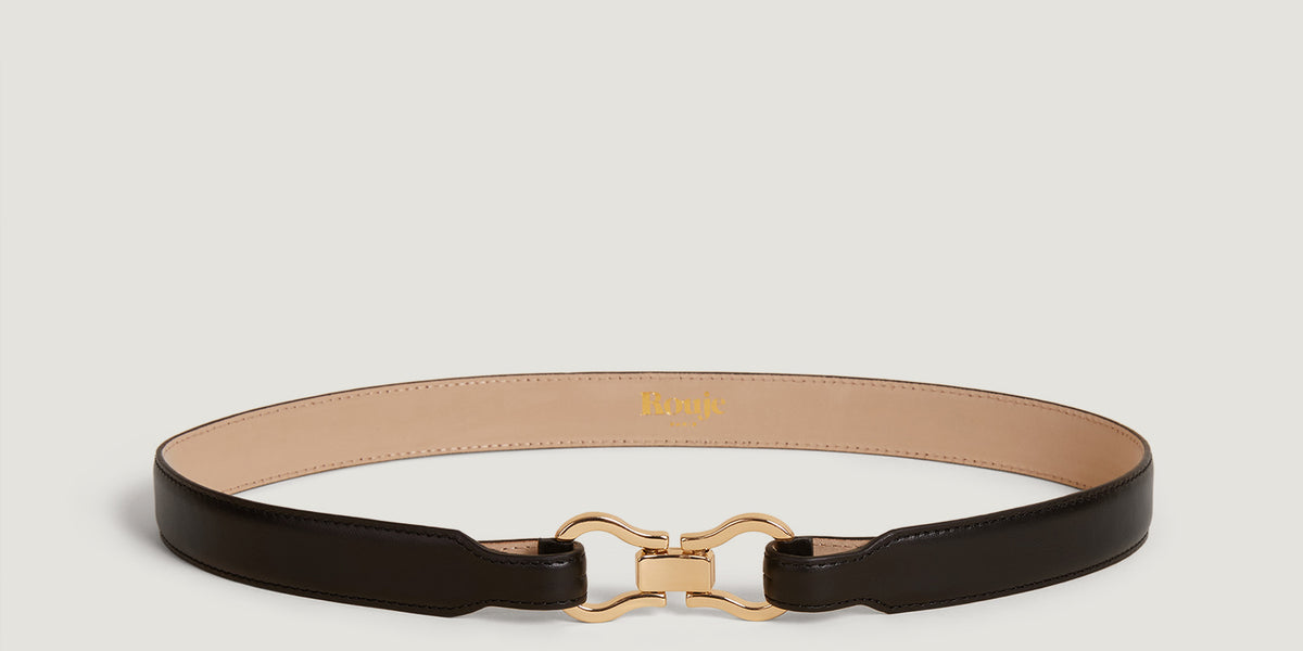 Black double-buckle leather belt | Rouje • Rouje Paris