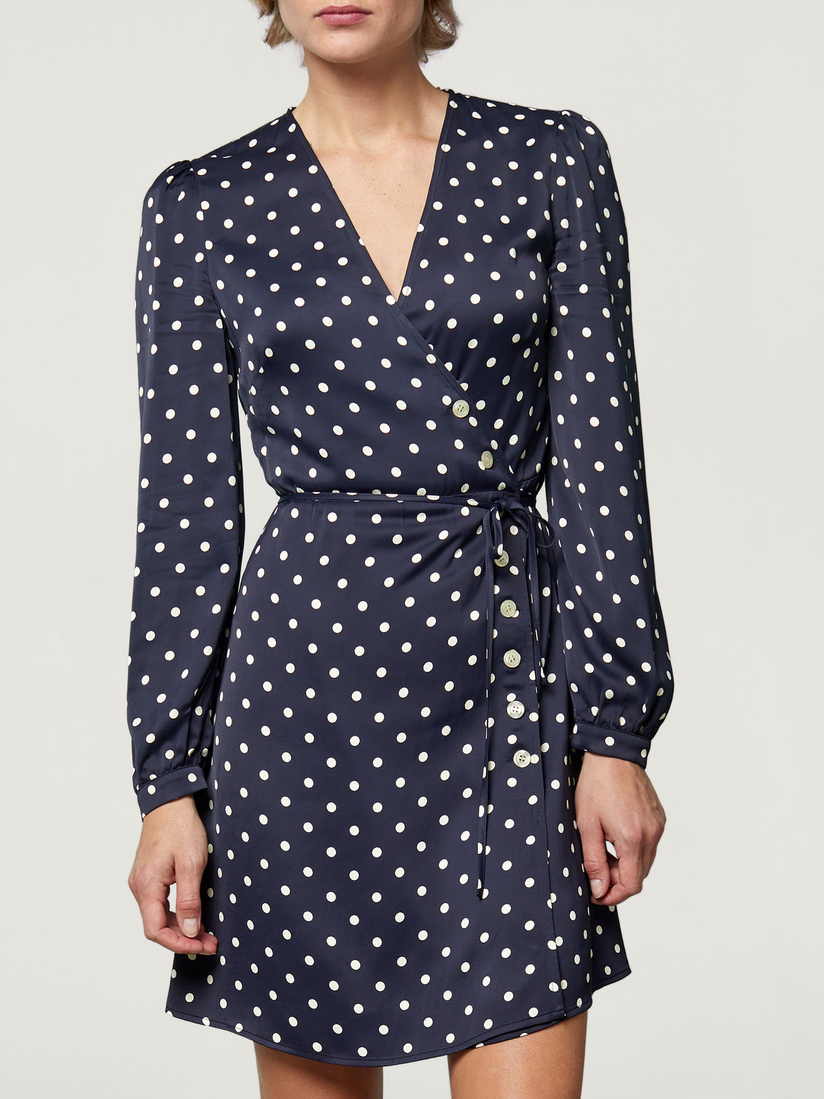 Navy polka dot wrap dress hotsell