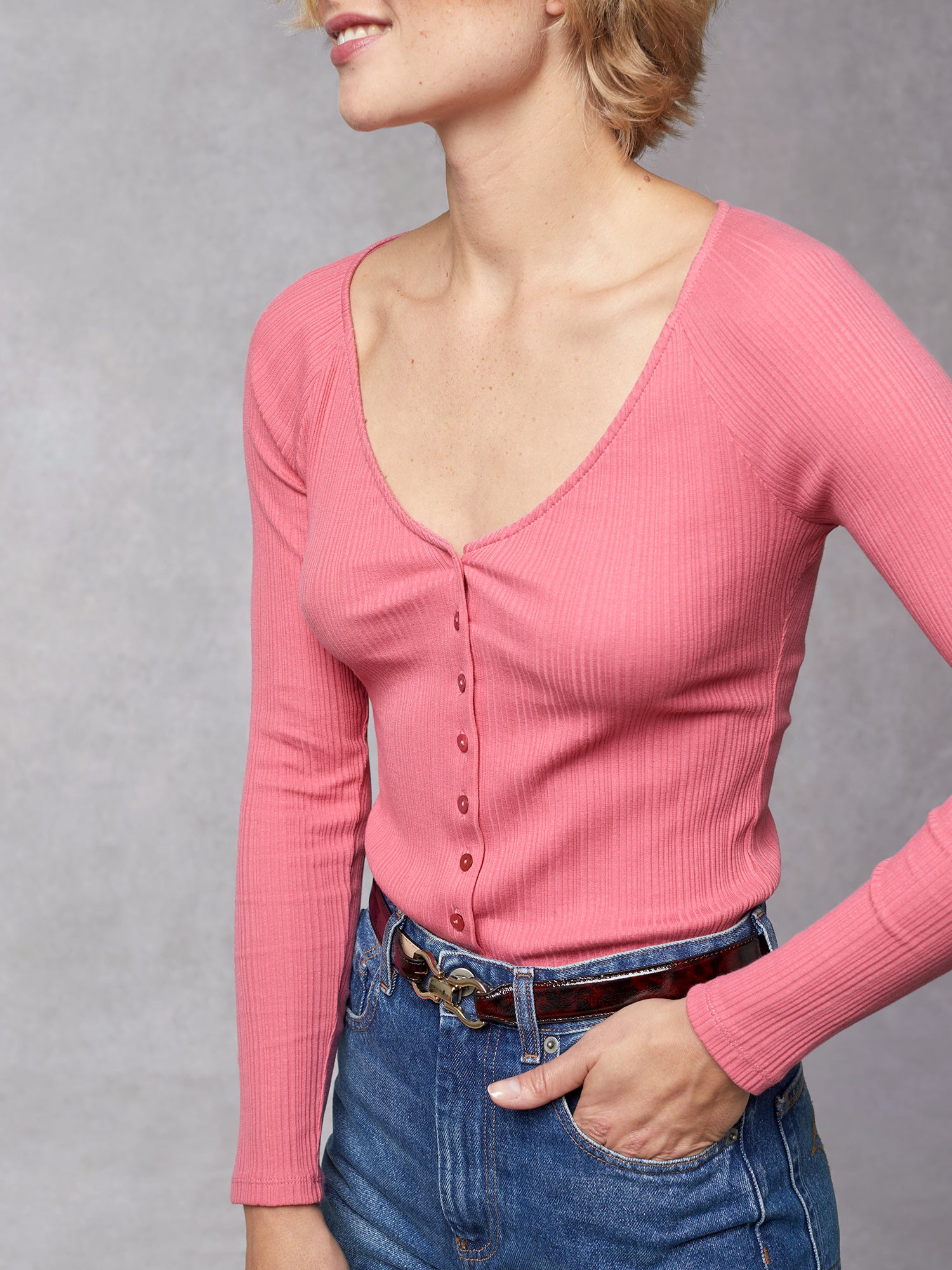 Pink fitted ribbed jersey cardigan top | Rouje • Rouje Paris