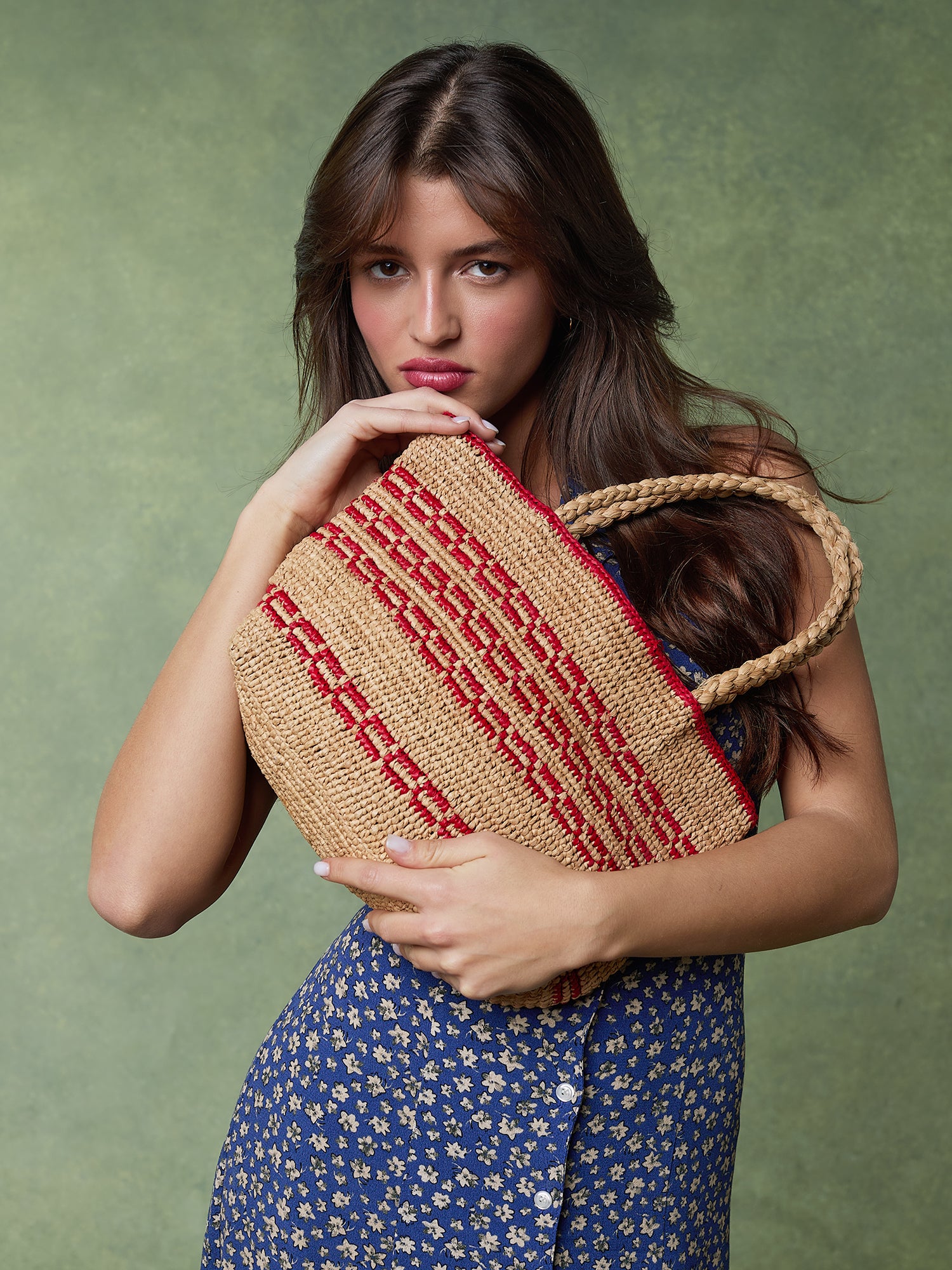 Basket bag in red colored raffia with handles | Rouje • Rouje Paris