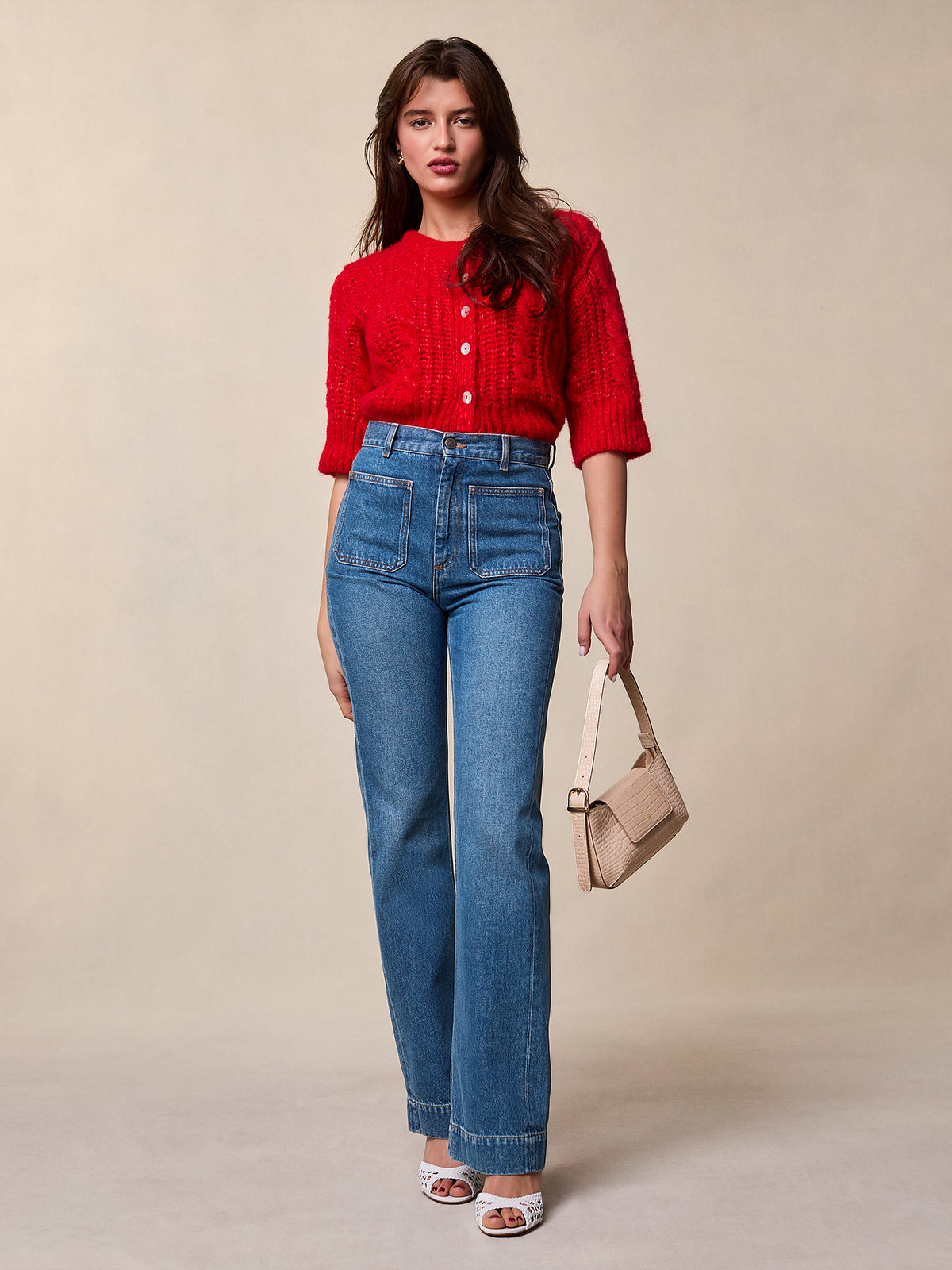 Long flare jeans with front pockets