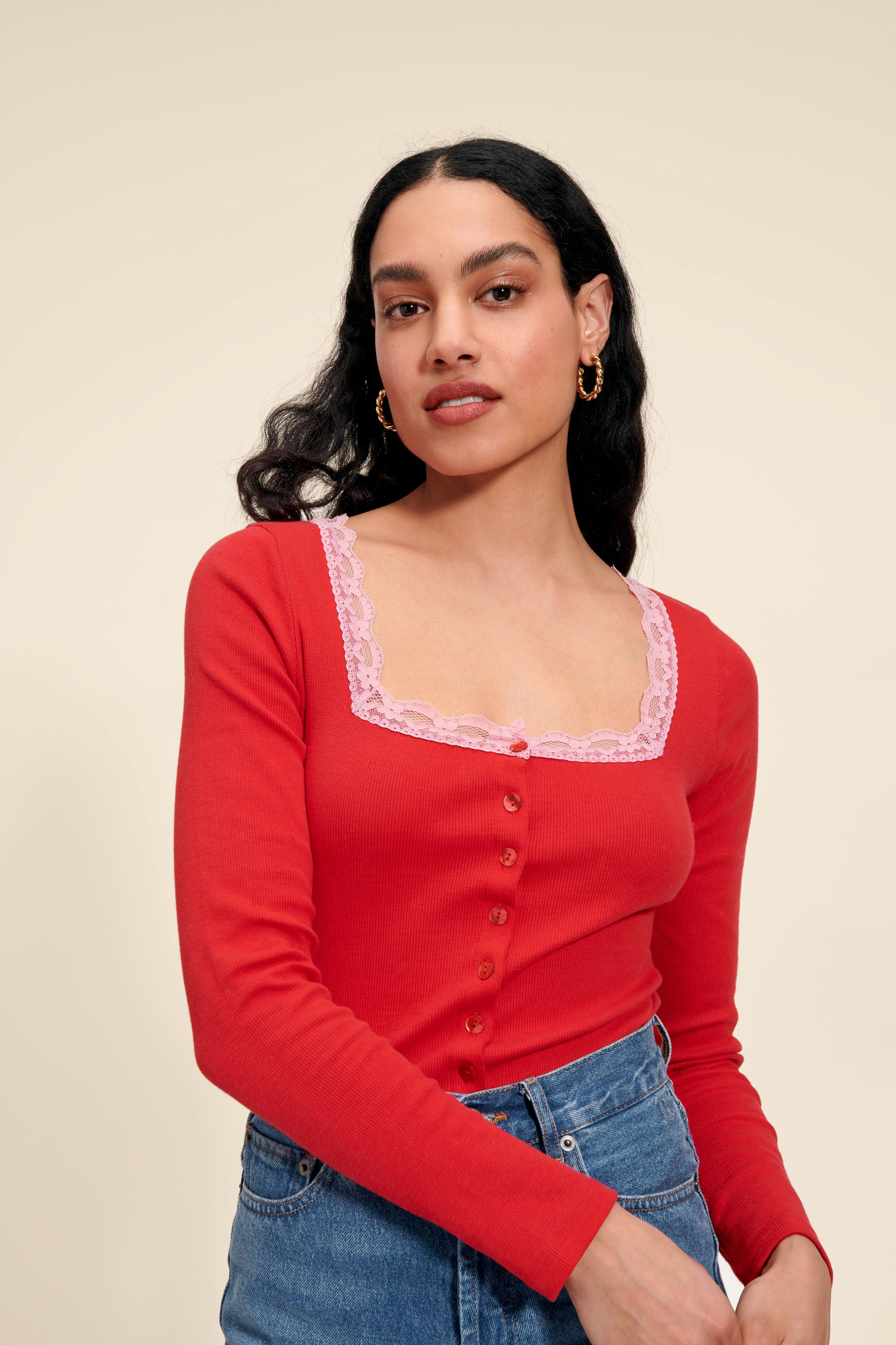 Red buttoned top with lace details | Rouje • Rouje Paris
