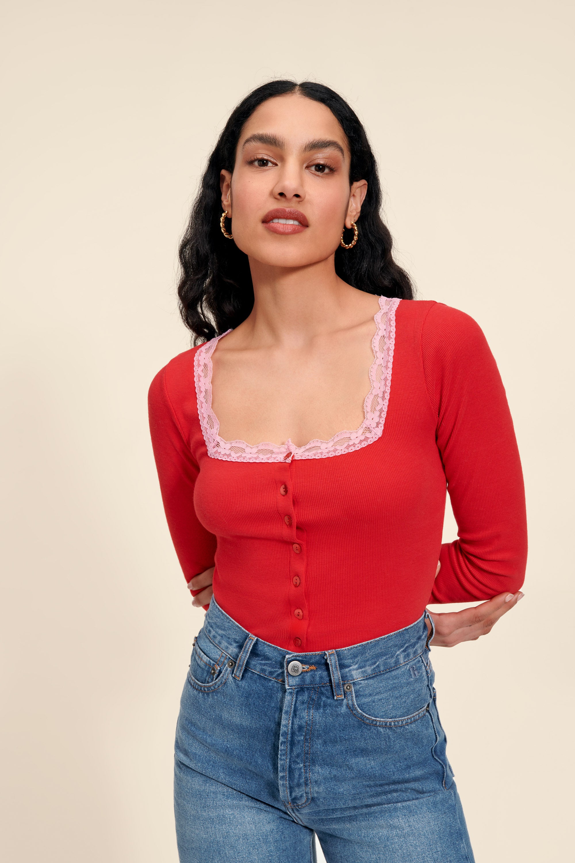 Red buttoned top with lace details | Rouje • Rouje Paris