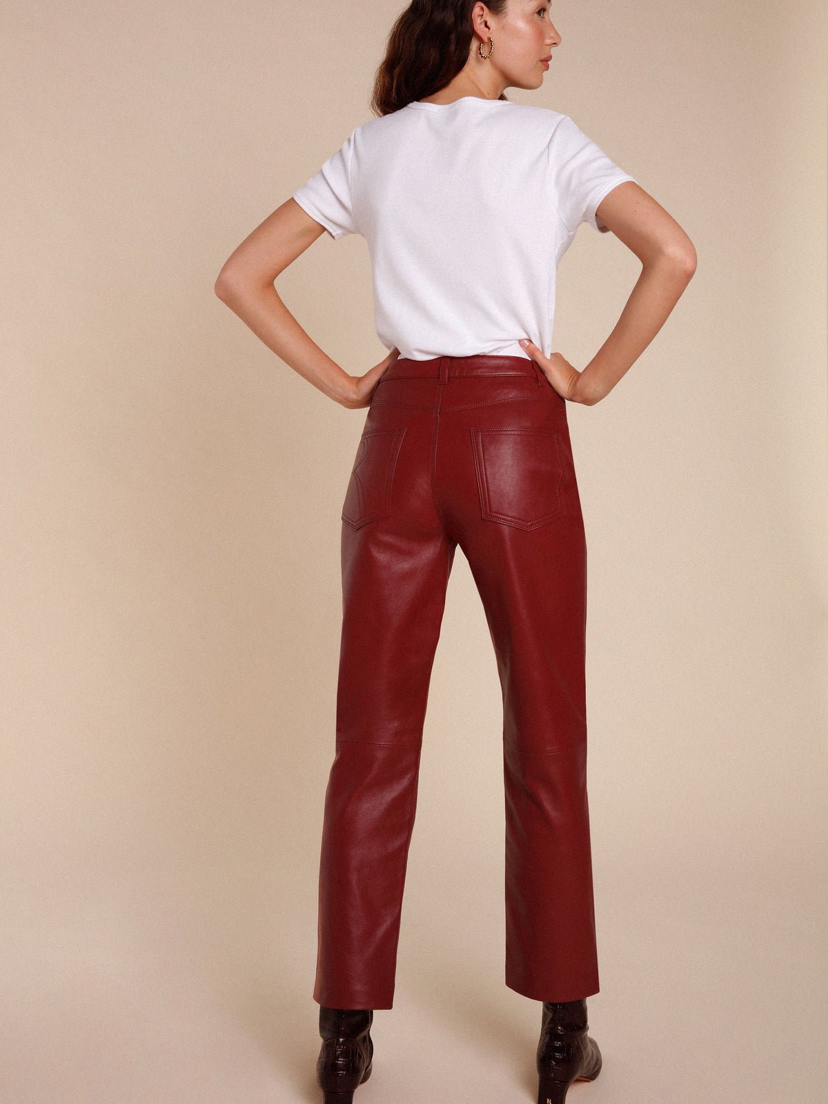 Red Cropped Faux Leather Trousers