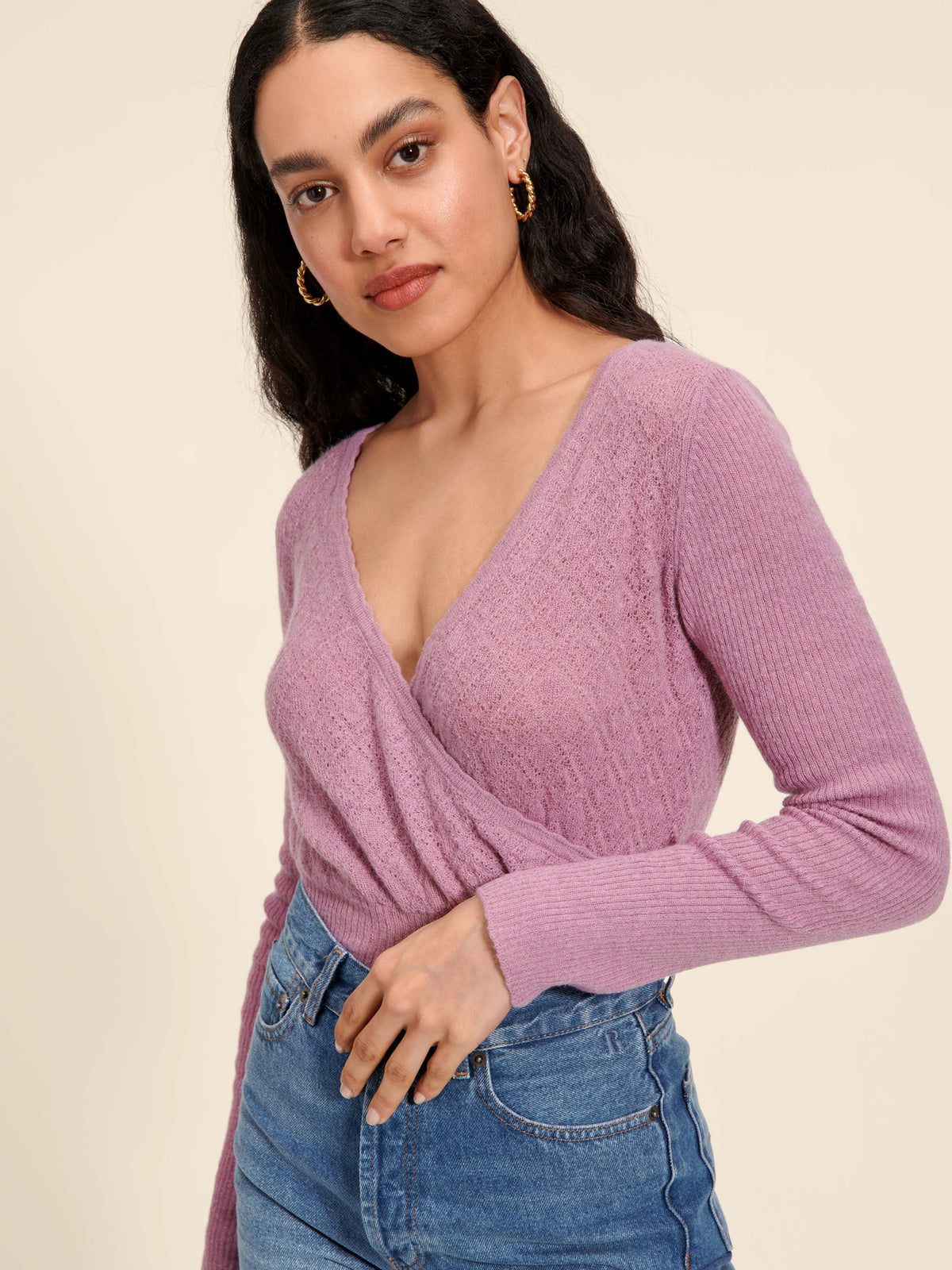 Lavender V-Neck Eyelash Sweater